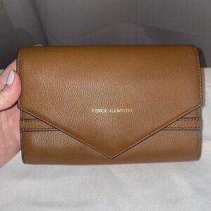 Vince Camuto Ozell Crossbody Bag Purse Brown Leather Yellow Lots Of Card Slots